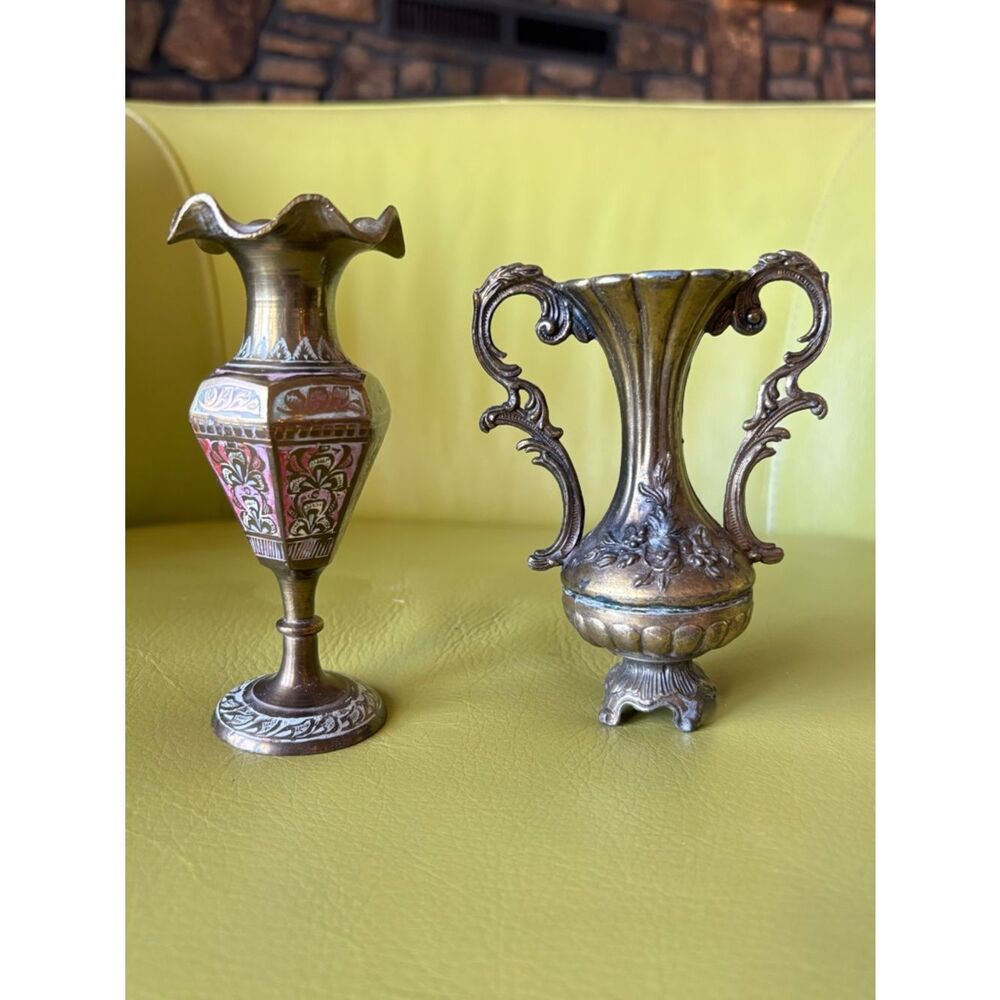 Vintage Brass Mini Vase Set Italy & India Ornate Floral Etched Bud Vases